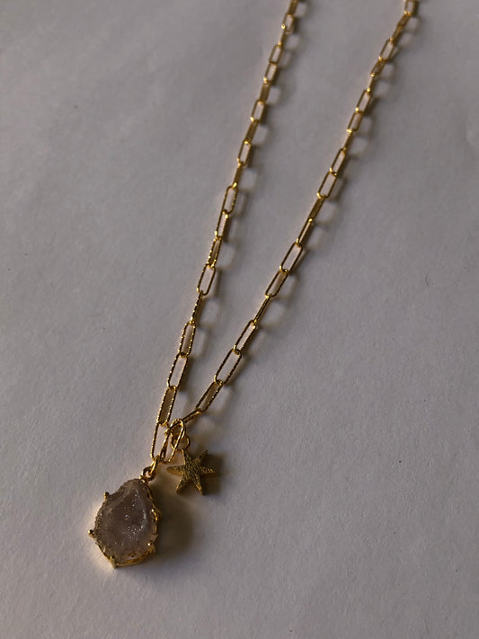Mini Geode and Star Gold Plated Silver Necklace